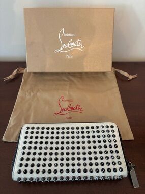 Christian Louboutin White Panettone Zip-Around Leather Wallet w/Gunmetal Spikes